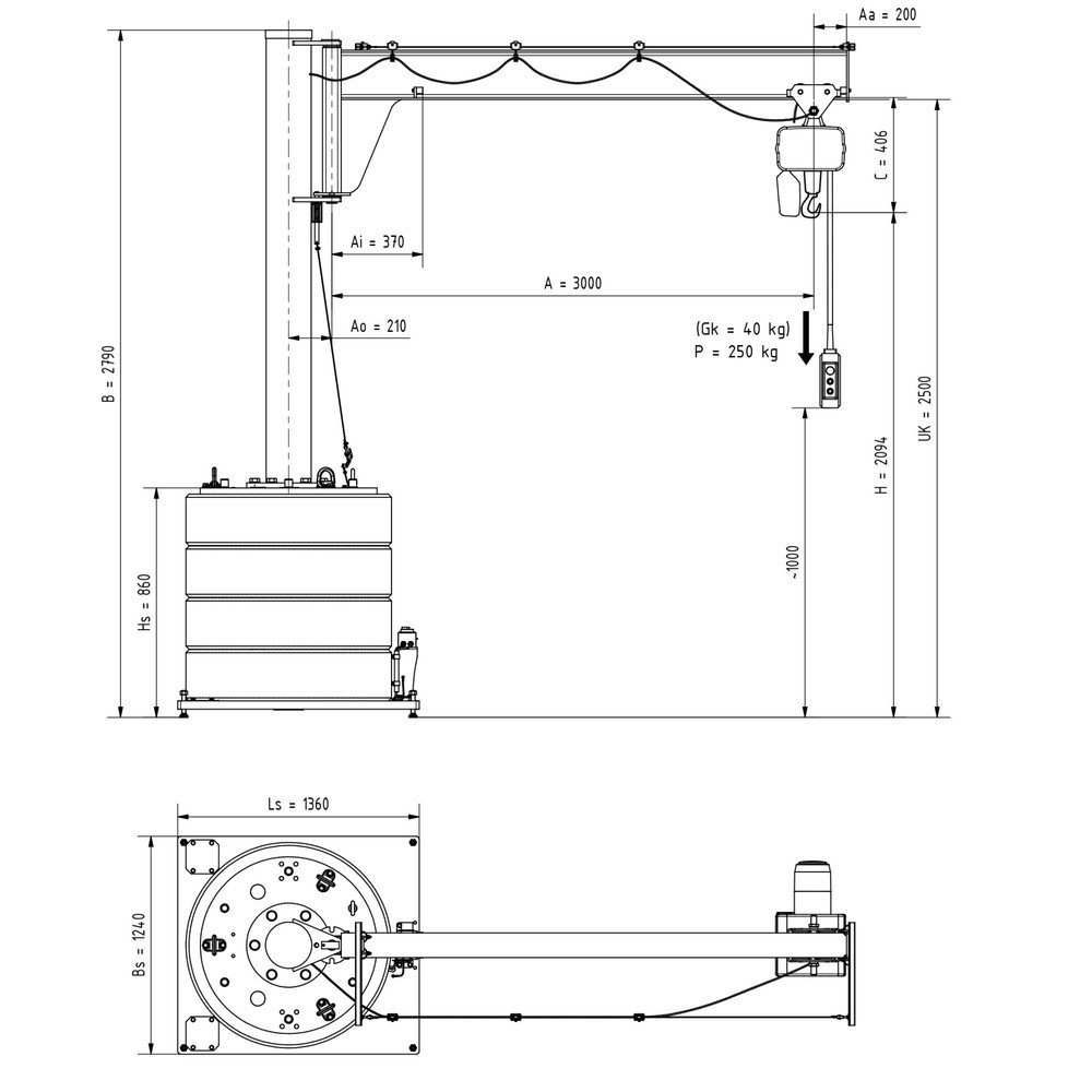 Productafbeelding nr. 2: Zwenkkraan VETTER® incl. elektrische takel LIFTKET, 270° zwenkbereik, reikwijdte 3.000 mm, draagvermogen 250 kg