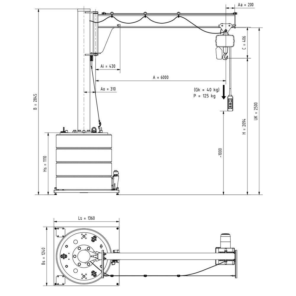 Productafbeelding nr. 2: Zwenkkraan VETTER® incl. elektrische takel LIFTKET, 270° zwenkbereik, reikwijdte 6.000 mm, draagvermogen 125 kg