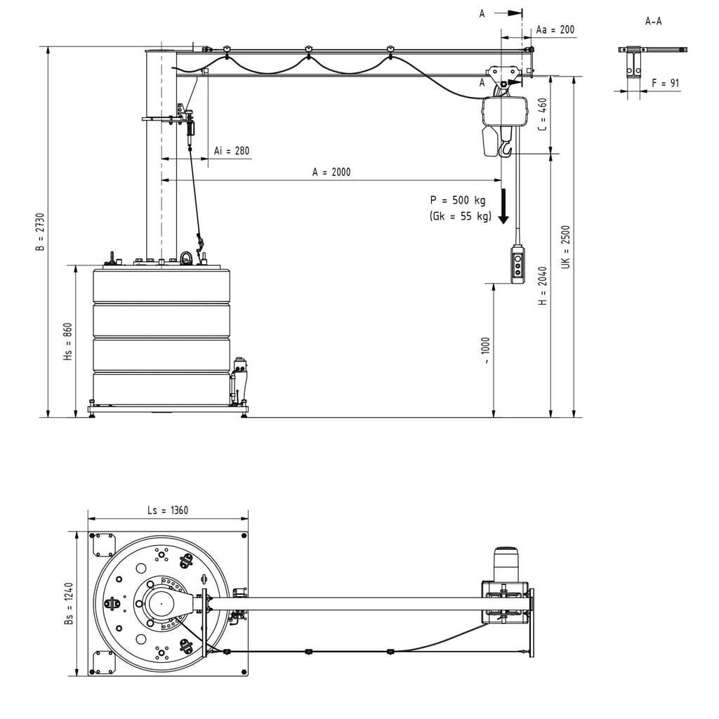 Productafbeelding nr. 2: Zwenkkraan VETTER® incl. elektrische takel LIFTKET, mobiele uitvoering, 360° zwenkbereik, reikwijdte 2.000 mm, draagvermogen 500 kg