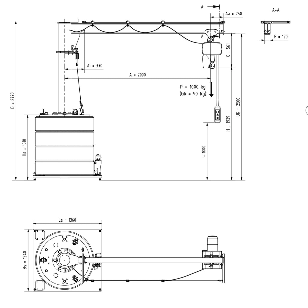 Productafbeelding nr. 2: Zwenkkraan VETTER® incl. elektrische takel LIFTKET, mobiele uitvoering, 360° zwenkbereik, reikwijdte 2.000 mm, draagvermogen 1.000 kg