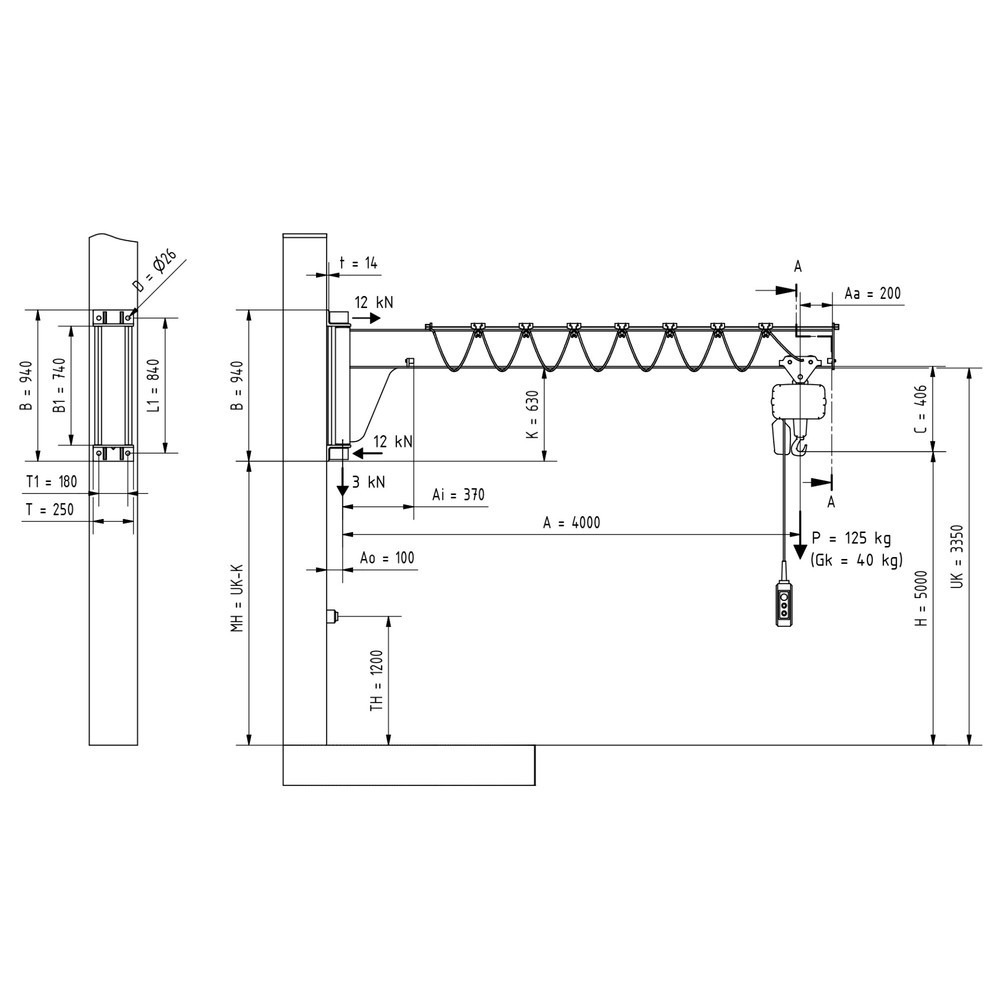 Productafbeelding nr. 2: Zwenkkraan VETTER® incl. elektrische takel LIFTKET, wanduitvoering, lage constructie, reikwijdte 4.000 mm, draagvermogen 125 kg