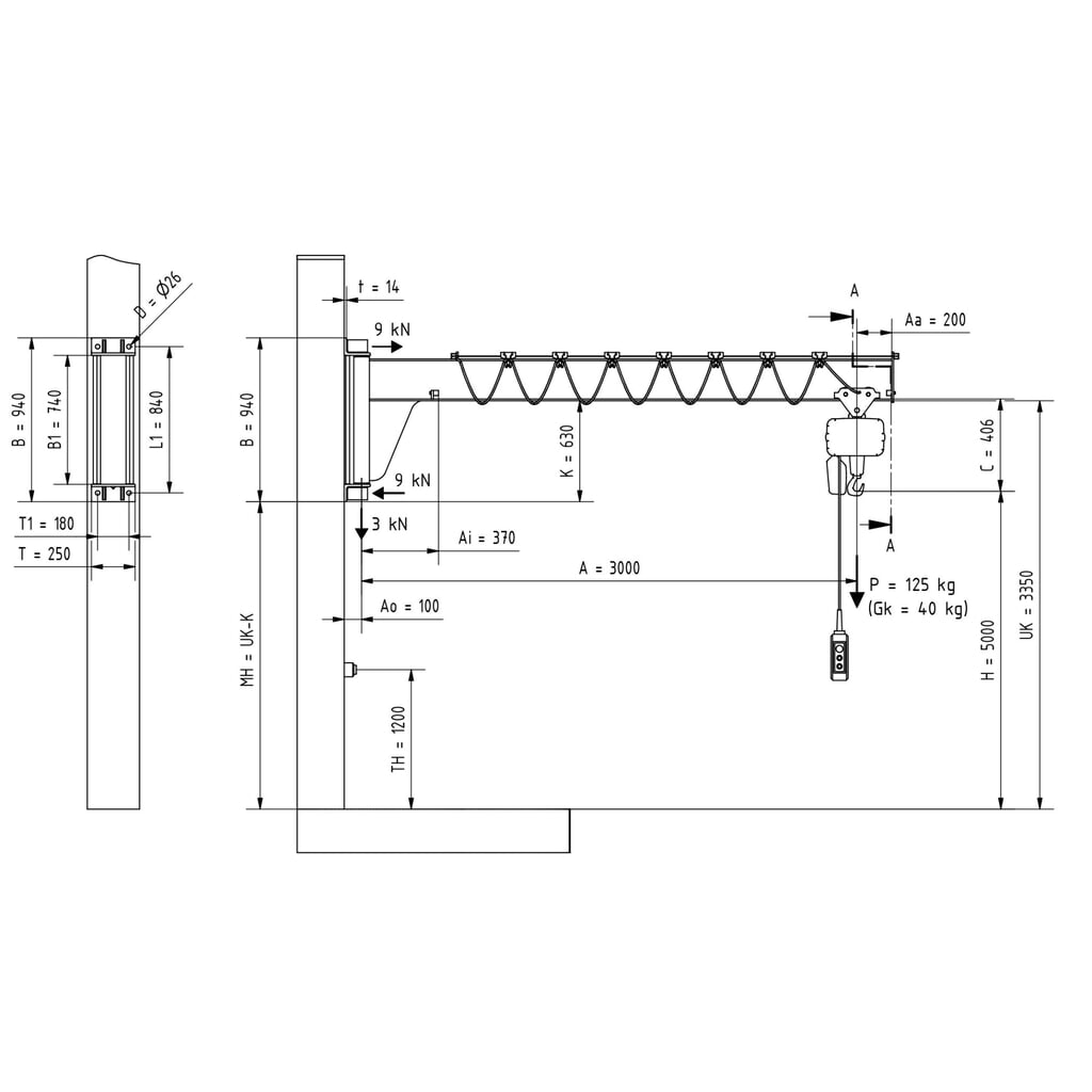 Productafbeelding nr. 2: Zwenkkraan VETTER® incl. elektrische takel LIFTKET, wanduitvoering, lage constructie, reikwijdte 3.000 mm, draagvermogen 125 kg