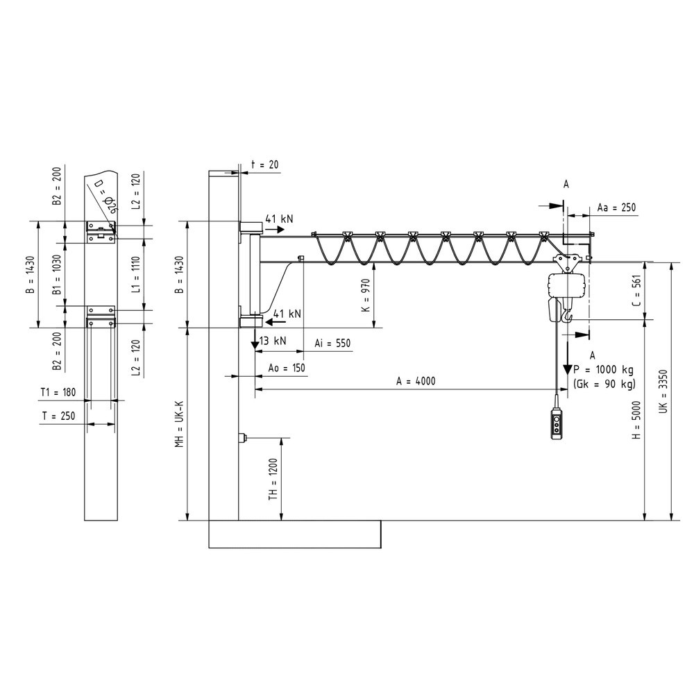 Productafbeelding nr. 2: Zwenkkraan VETTER® incl. elektrische takel LIFTKET, wanduitvoering, lage constructie, reikwijdte 4.000 mm, draagvermogen 1.000 kg
