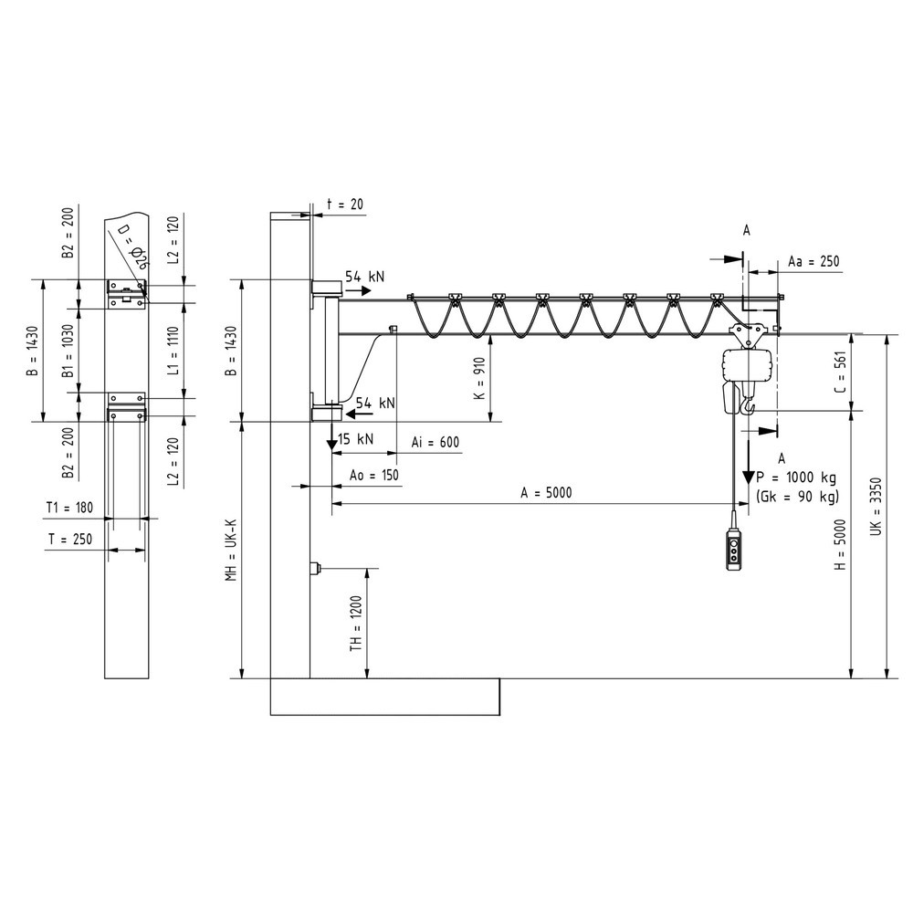 Productafbeelding nr. 2: Zwenkkraan VETTER® incl. elektrische takel LIFTKET, wanduitvoering, lage constructie, reikwijdte 5.000 mm, draagvermogen 1.000 kg