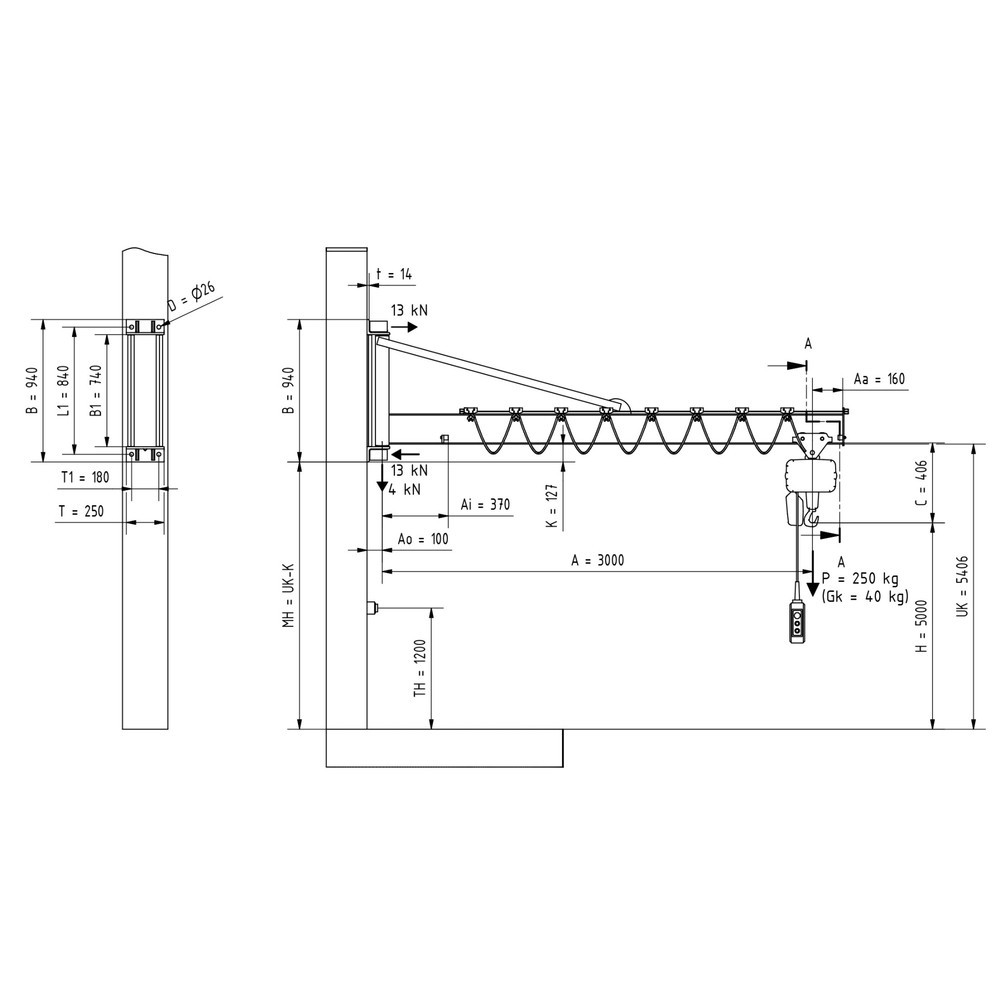 Productafbeelding nr. 2: Zwenkkraan VETTER® incl. elektrische takel LIFTKET, wanduitvoering met spankabel, reikwijdte 3.000 mm, draagvermogen 250 kg