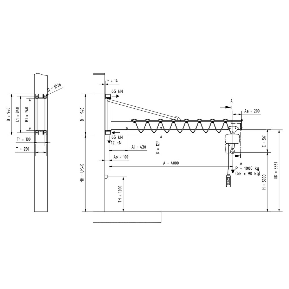 Productafbeelding nr. 2: Zwenkkraan VETTER® incl. elektrische takel LIFTKET, wanduitvoering met spankabel, reikwijdte 4.000 mm, draagvermogen 1.000 kg