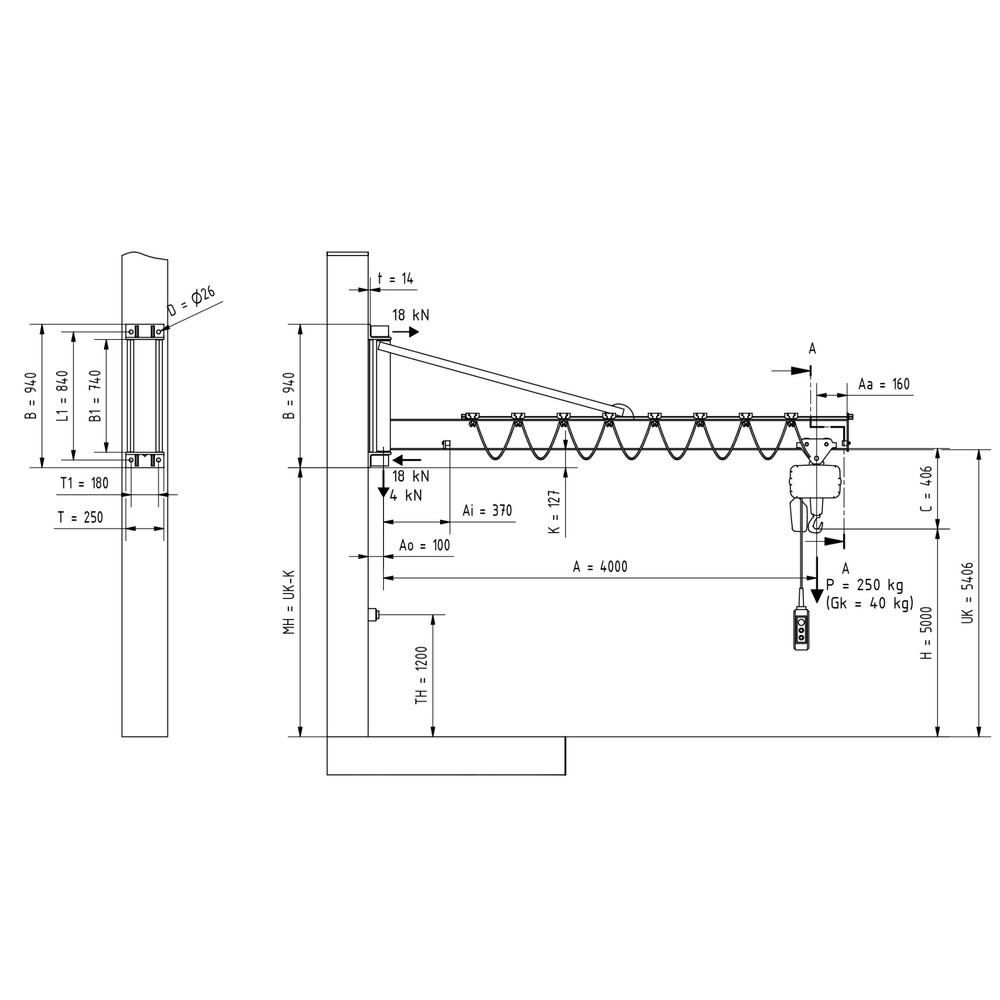 Productafbeelding nr. 2: Zwenkkraan VETTER® incl. elektrische takel LIFTKET, wanduitvoering met spankabel, reikwijdte 4.000 mm, draagvermogen 250 kg
