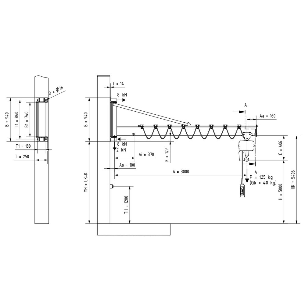 Productafbeelding nr. 2: Zwenkkraan VETTER® incl. elektrische takel LIFTKET, wanduitvoering met spankabel, reikwijdte 3.000 mm, draagvermogen 125 kg