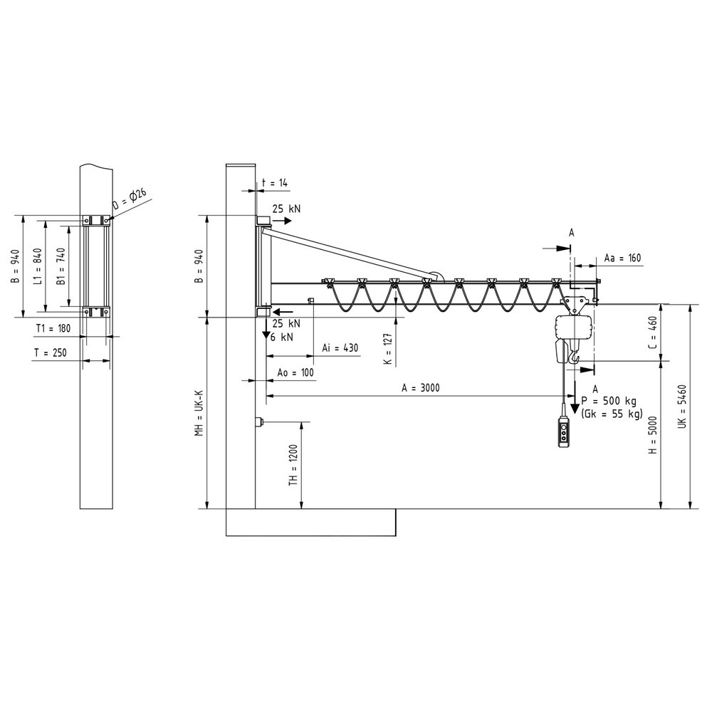 Productafbeelding nr. 2: Zwenkkraan VETTER® incl. elektrische takel LIFTKET, wanduitvoering met spankabel, reikwijdte 3.000 mm, draagvermogen 500 kg