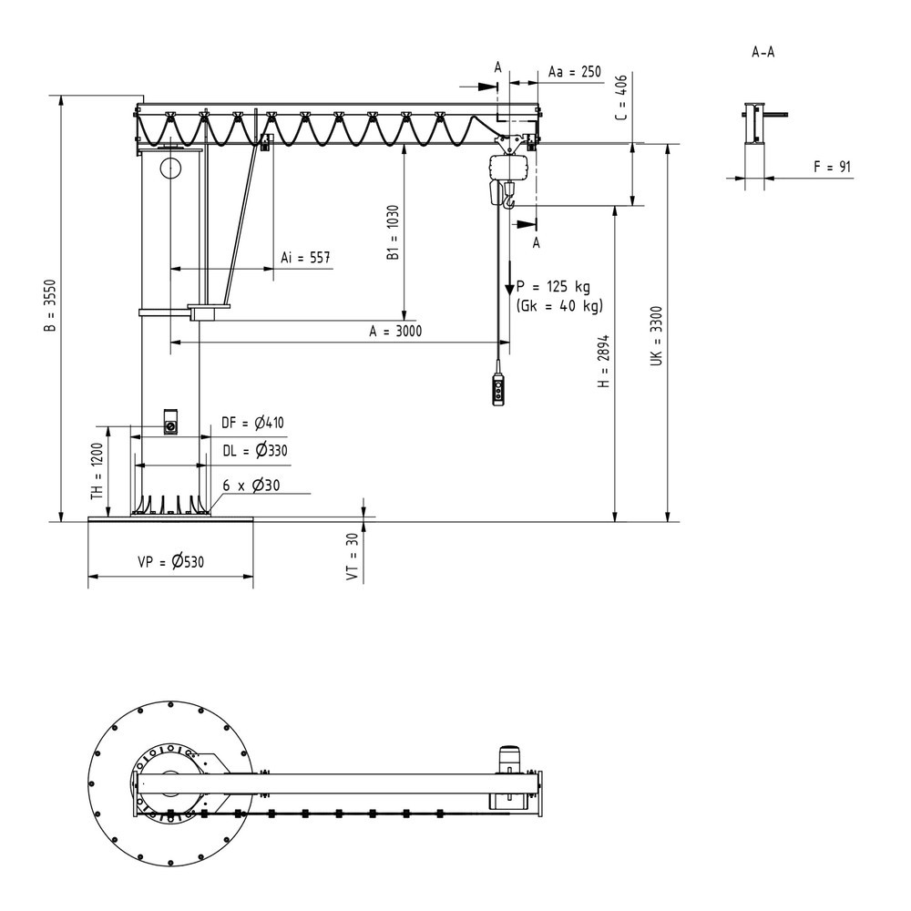 Productafbeelding nr. 2: Zwenkkraan VETTER® incl. elektrische takel LIFTKET, kolomuitvoering, 360° zwenkbereik, reikwijdte 3.000 mm incl. elektrische takel LIFTKET, draagvermogen 125 kg