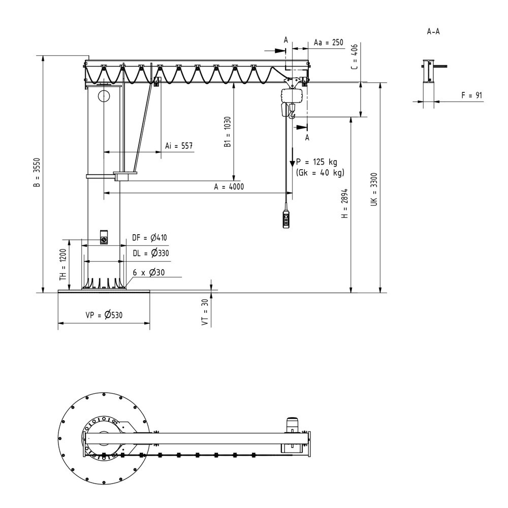 Productafbeelding nr. 2: Zwenkkraan VETTER® incl. elektrische takel LIFTKET, kolomuitvoering, 360° zwenkbereik, reikwijdte 4.000 mm incl. elektrische takel LIFTKET, draagvermogen 125 kg