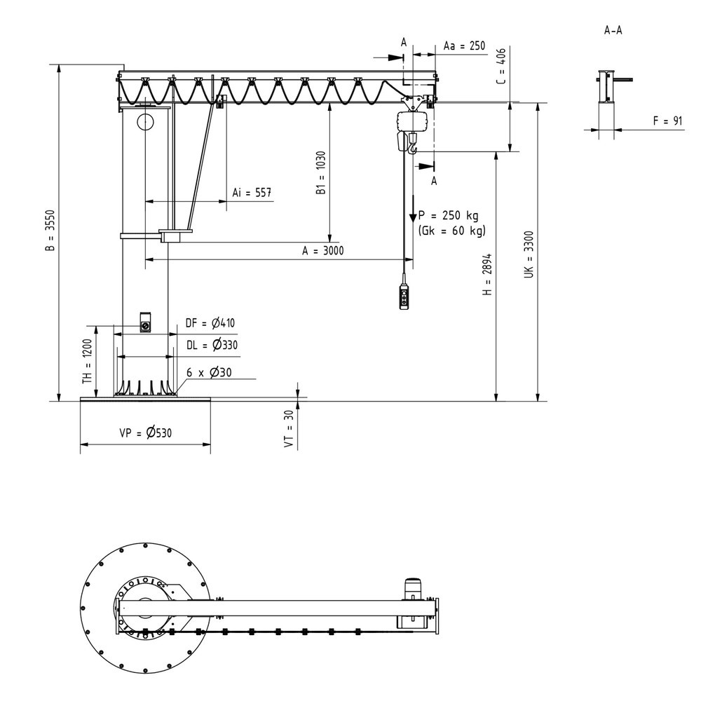 Productafbeelding nr. 2: Zwenkkraan VETTER® incl. elektrische takel LIFTKET, kolomuitvoering, 360° zwenkbereik, reikwijdte 3.000 mm incl. elektrische takel LIFTKET, draagvermogen 250 kg